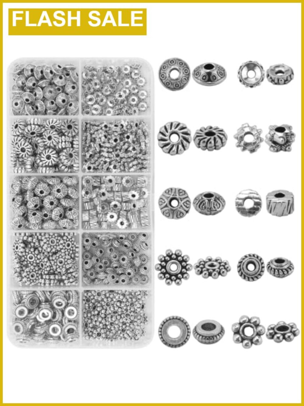 500pcs Antique Silver Metal Spacer Beads Charm Assortment for Jewelry Making